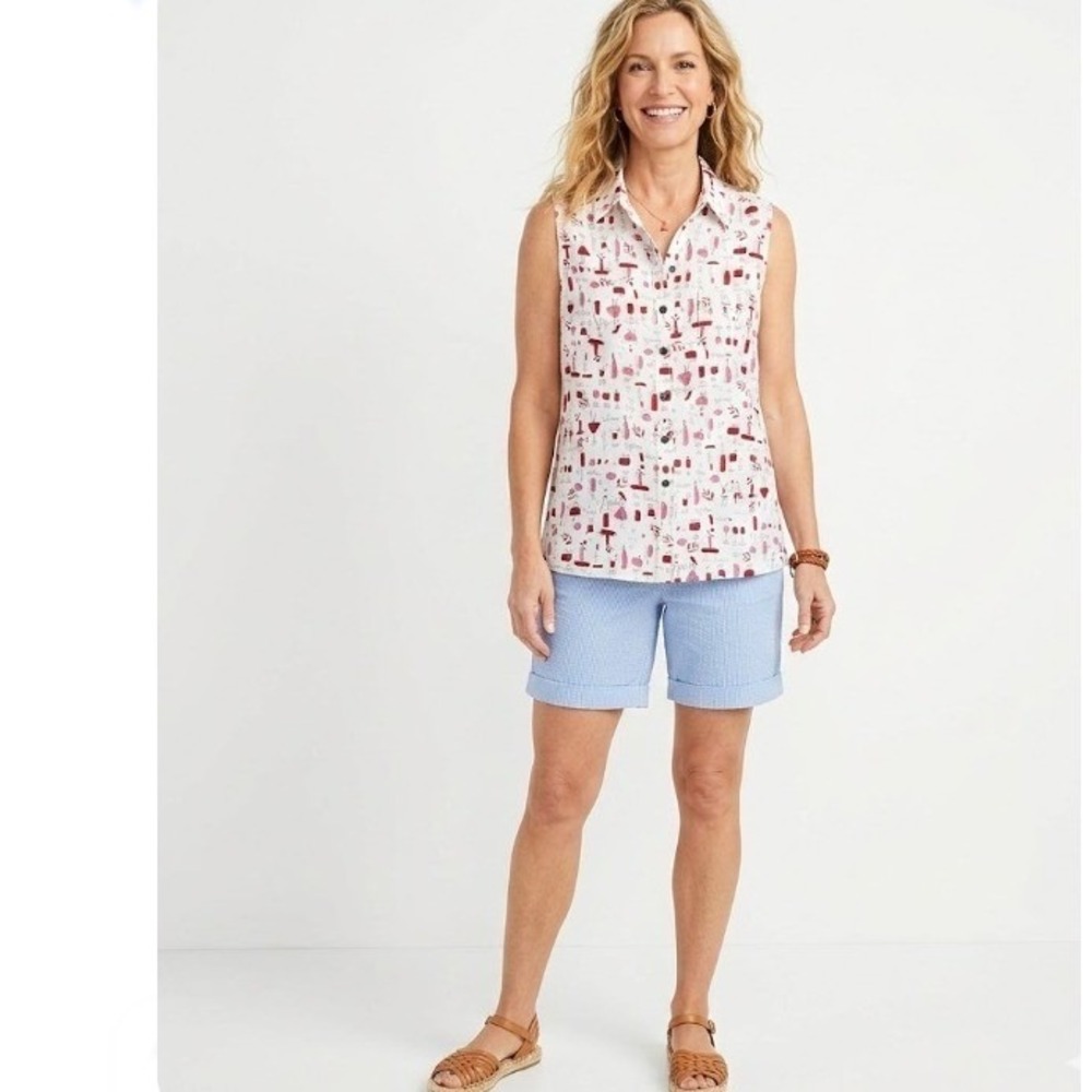 New Anne‎ Carson size 3X Pink White Novelty Wine Print 100% Linen Sleeveless Top